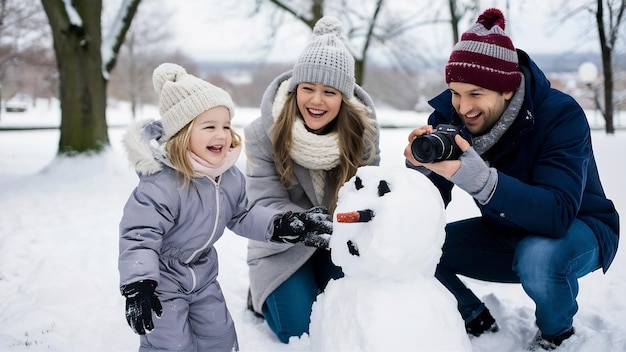 Little girl with parents playing in a winter park