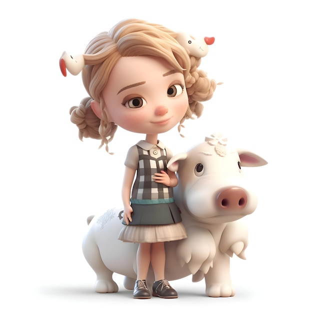 돼지와  소를 가진 작은 소녀 3d 렌더링