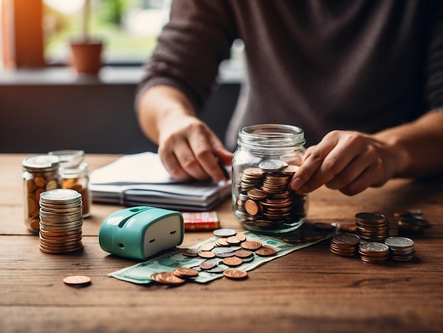 Little girl with a piggy bank and coins on a color background Saving money concept