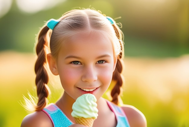 A little girl with pigtails eats an ice cream cone smiling at the camera in a sunny meadow in the