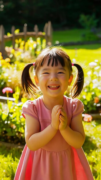 木製のスプーンと木製のスプレーンを握っているピグテールを持つ小さな女の子