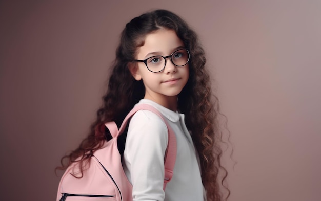 Little girl with pink backpack is ready to back to school AI Generative AI