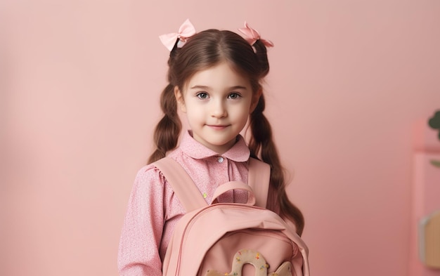 Little girl with pink backpack is ready to back to school AI Generative AI