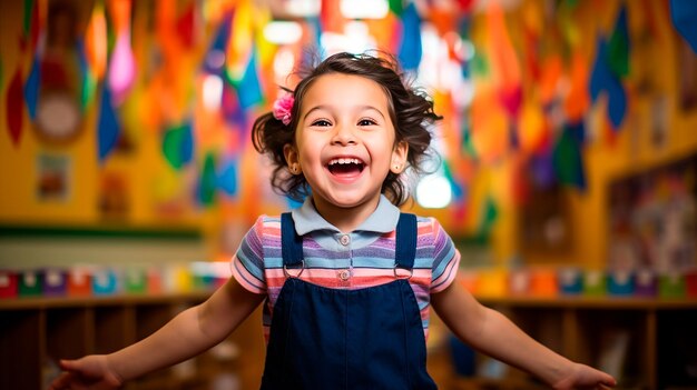 a little girl with a pink bow in her hair is smiling