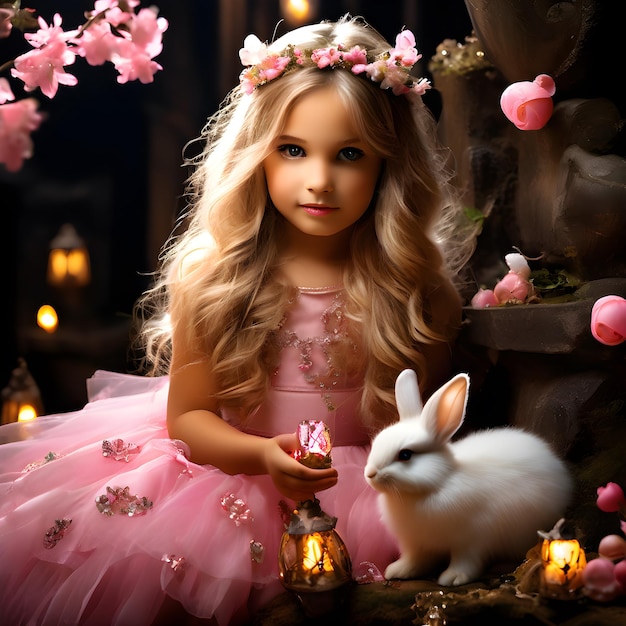 a little girl with a pink dress and a bunny in the background