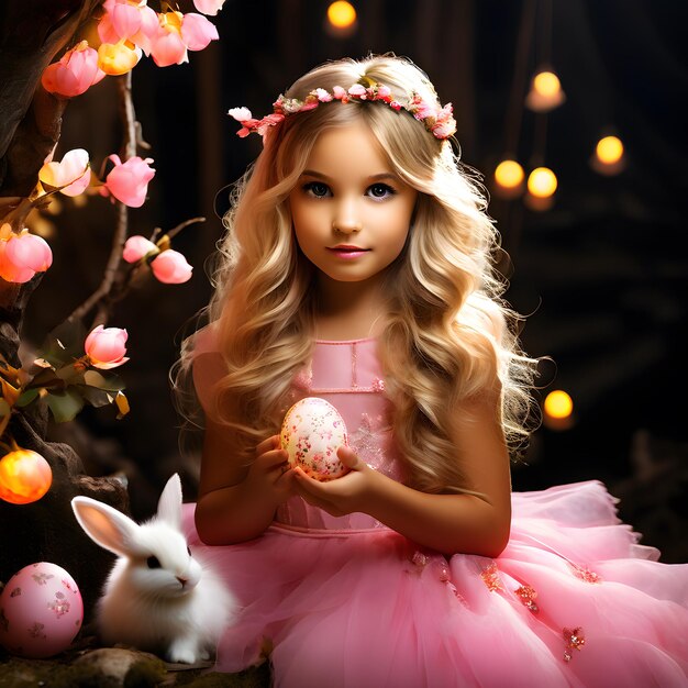 Photo a little girl with a pink dress and a bunny in the background