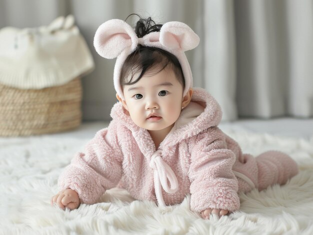 Photo a little girl with a pink jacket with cute ears sitting in cute pose waist high sot photo