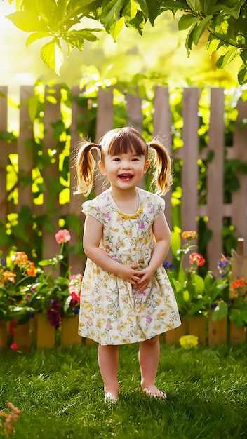 a little girl with a pony tail is smiling and wearing a dress that says quot the little girl is smil