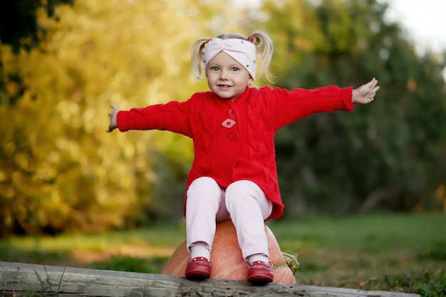 Little girl with pumpkin in autumn park