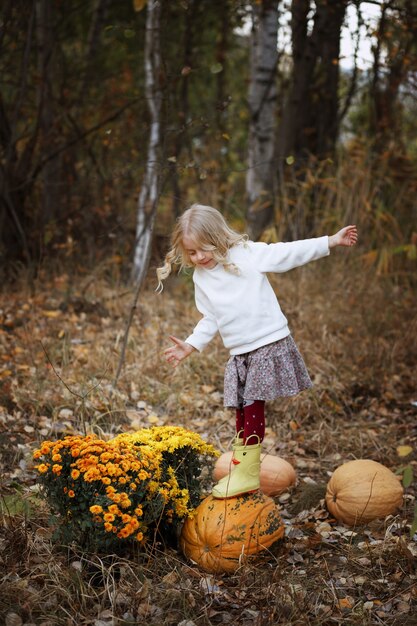 little girl with pumpkin on an autumn walk