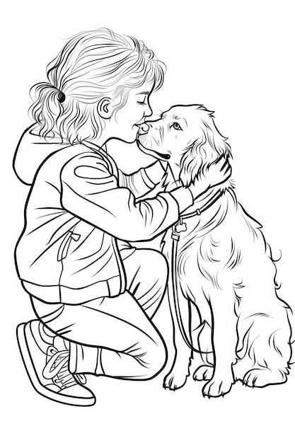 Photo little girl with a puppy coloring page for children black and white picture ai generated