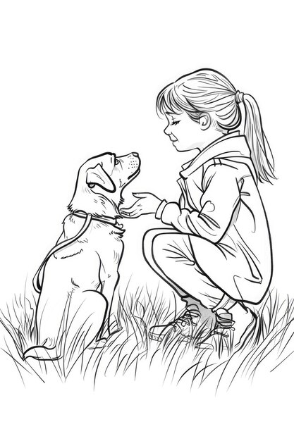 Photo little girl with a puppy coloring page for children black and white picture ai generated