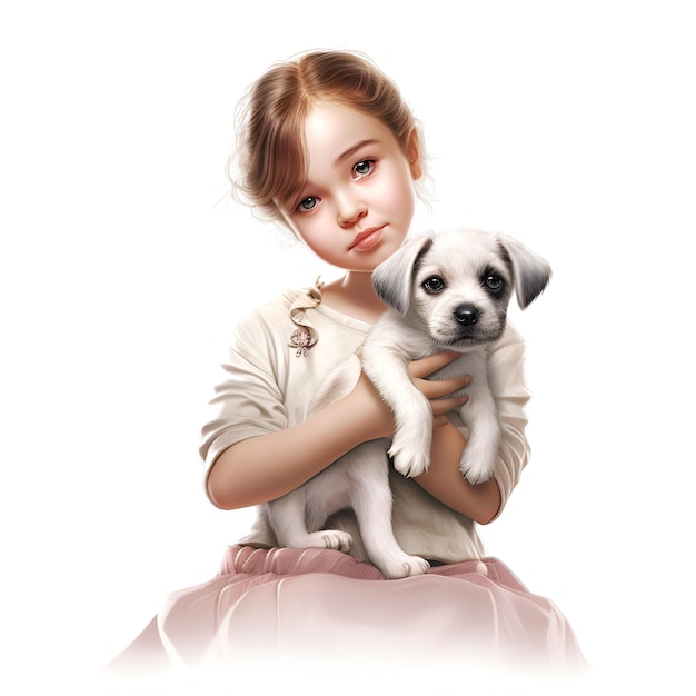 Маленькая девочка с щенком на белом фоне Концепция детей и домашних животных