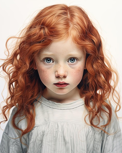 Photo little girl with red hair and eyes on white background in the style of haunting visuals