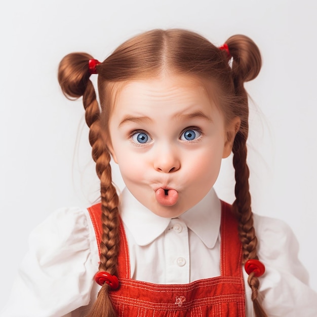 A little girl with red pigtails makes a funny face grimaces closeup portrait on white