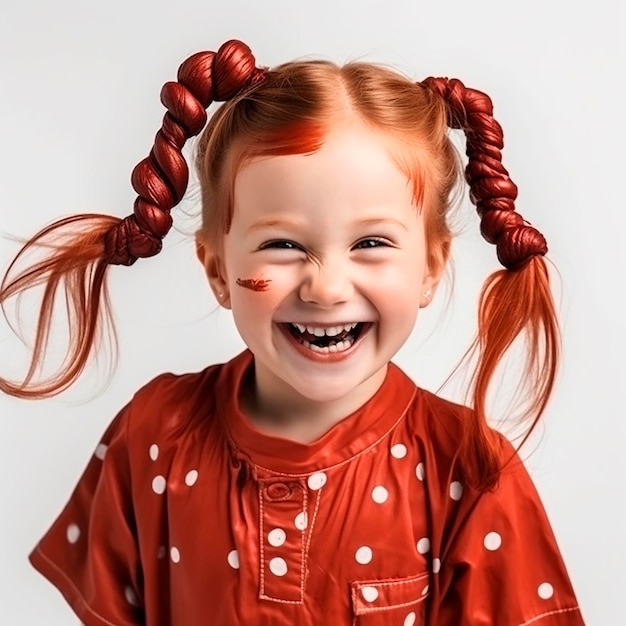 Little girl with red pigtails with a face stained with chocolate rejoices laughs and smiles