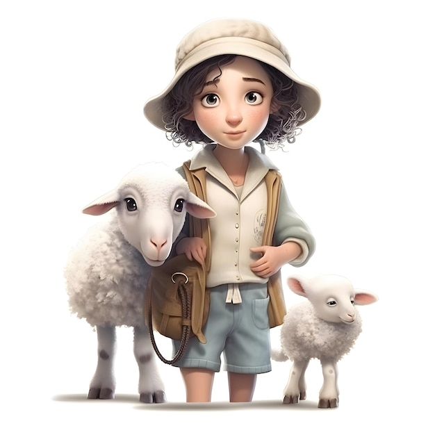 Little girl with sheep isolated on white background 3d rendering