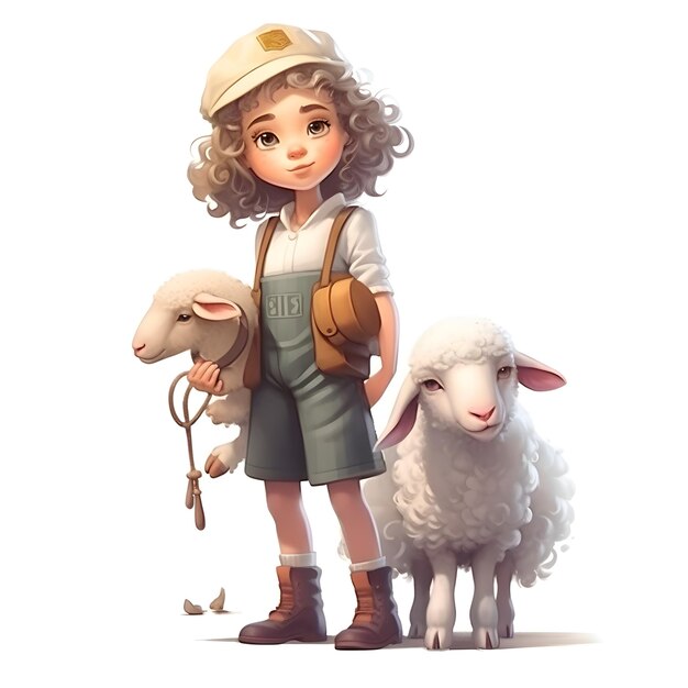 Фото Маленькая девочка с овцами на белом фоне 3d рендеринг