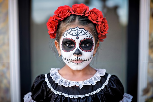 Маленькая девочка с лицом-черепом разрисовывает платье Dia de los Muertos и украшает волосы розами.