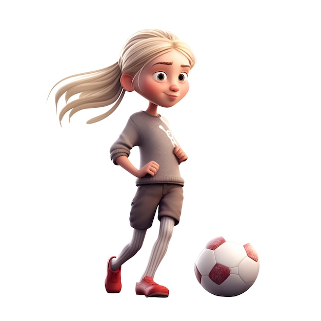 白い背景で隔離のサッカー ボールを持つ少女漫画のキャラクター