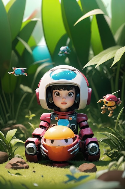 a little girl with a spaceship and a girl in the background.