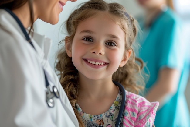 Little girl with a stethoscope at the doctors office with AI generated