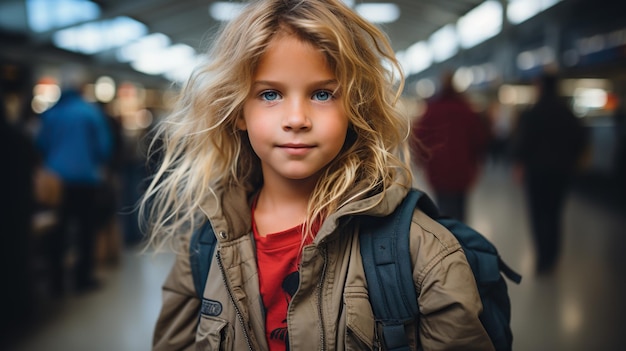 Little girl with a suitcase at the airport