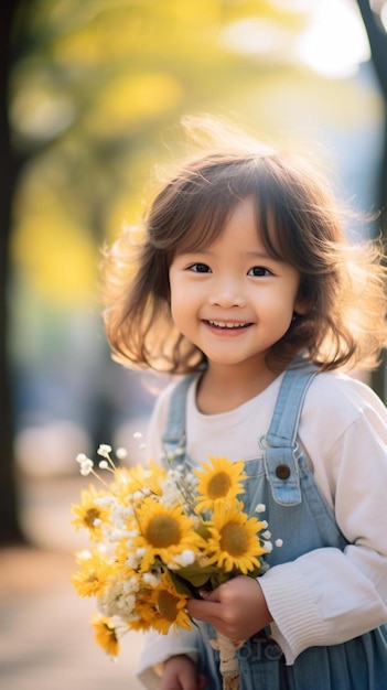 a little girl with a sunflower in her hands