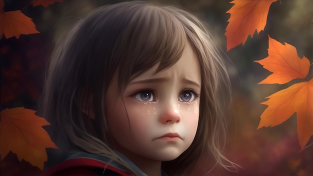 A little girl with tears in her eyes in an autumn park negative emotions AI generation