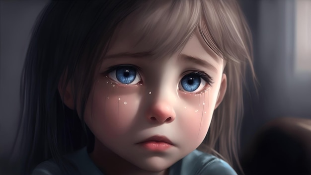 A little girl with tears in her eyes in the style of 3D graphics