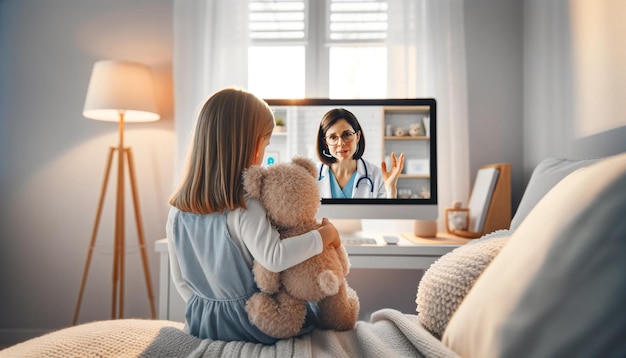 Foto una ragazzina con un orsacchiotto frequenta una consultazione pediatrica virtuale