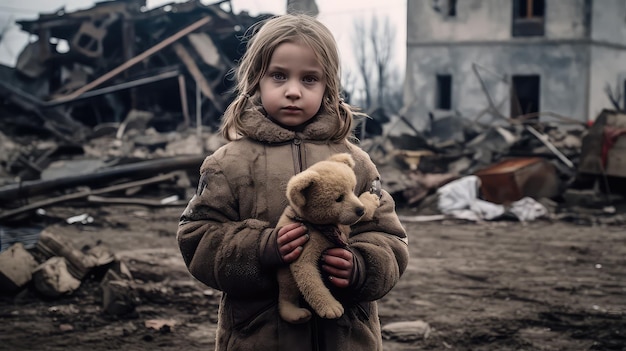 Little girl with a teddy bear in hands near destroyed by russian agression hose in Ukraine AI generated image