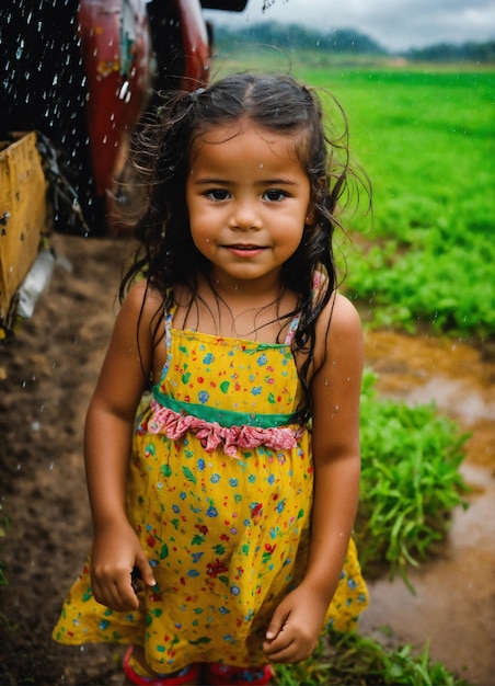 a little girl with wet hair is holding a water hose
