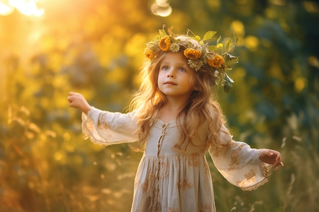 A little girl with a wreath on her head stands in a field of yellow flowers.