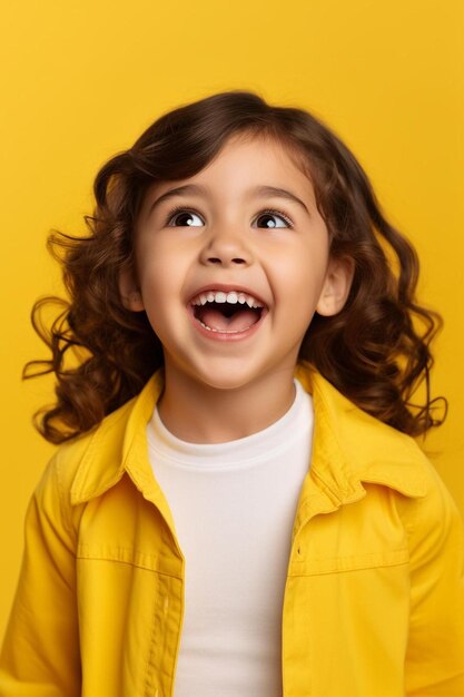 a little girl with a yellow jacket is laughing