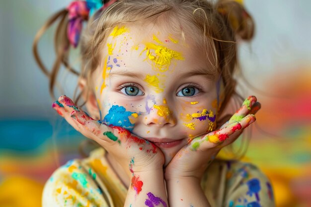 a little girl with a yellow shirt that says quot paint quot on her face