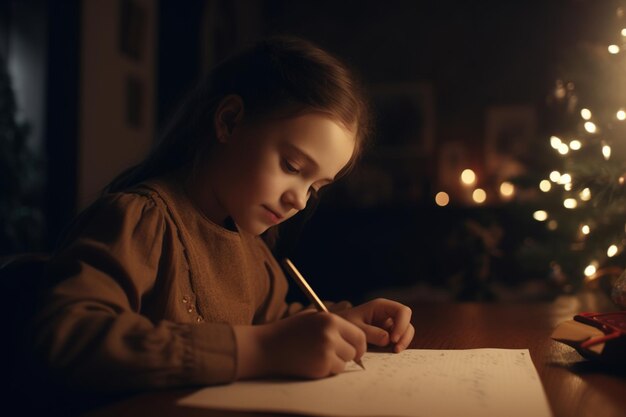 Фото Маленькая девочка пишет письмо санта-домо возле рождественской елки генеративный ии