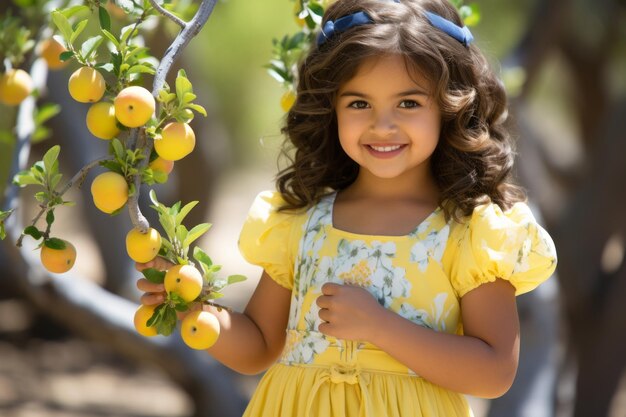 a little girl in a yellow dress holding a lemon tree