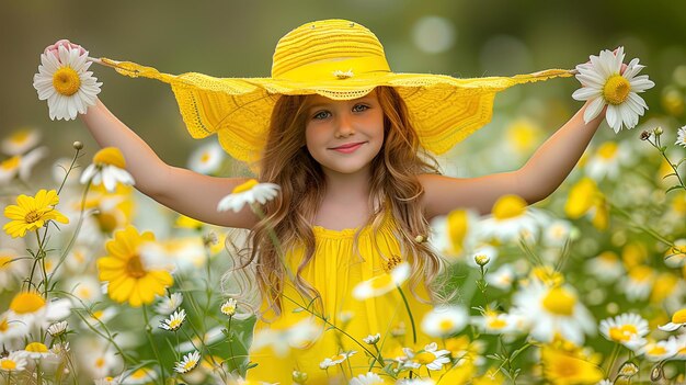 Little Girl in Yellow Hat Among Daisies