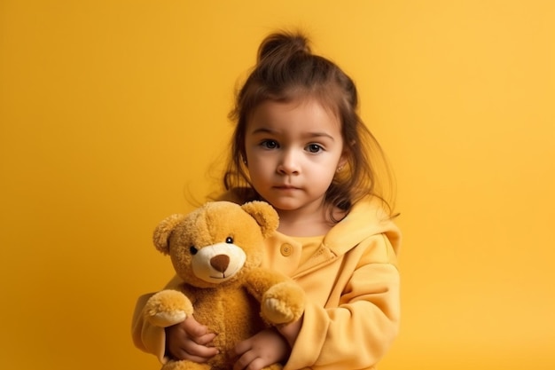A little girl in a yellow hoodie holds a teddy bear
