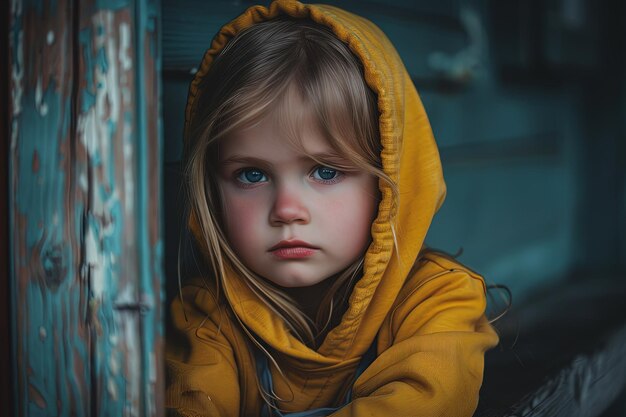 A little girl in a yellow hoodie leaning against a wall