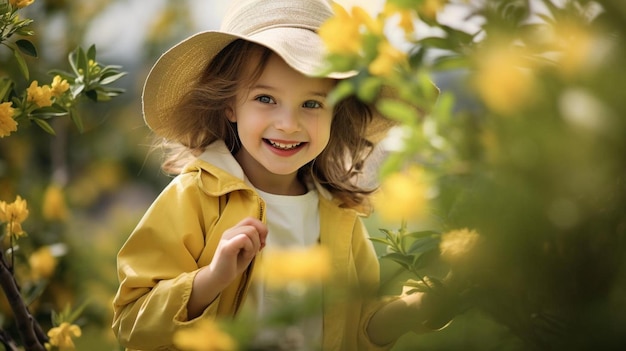 a little girl in a yellow jacket and hat