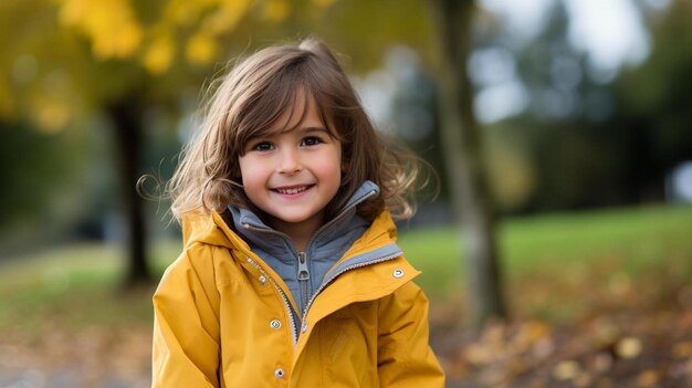 a little girl in a yellow raincoat smiles at the camera