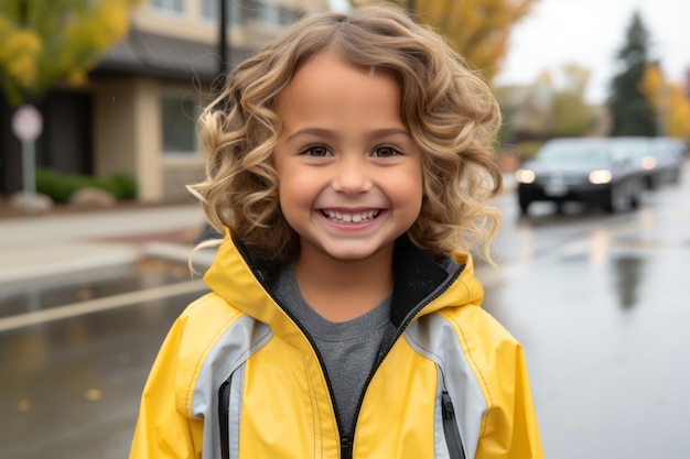 a little girl in a yellow raincoat smiles for the camera