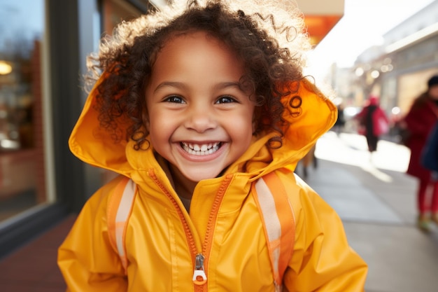a little girl in a yellow raincoat smiling