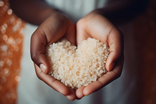 Foto le mani di una bambina che tengono una miscela a forma di cuore di riso e cereali ia generativa