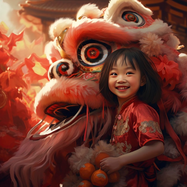 A little girlChinese lion dance