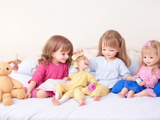 Little girls in bed play with dolls Joy family fun