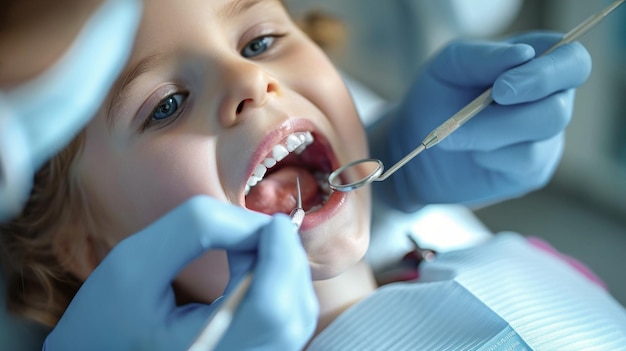 Little Girls Dental Checkup A Dentist Examining Her Teeth