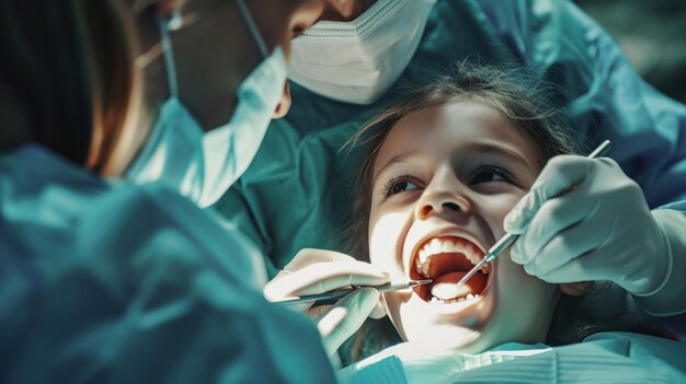 Photo little girls dental checkup a dentist examining her teeth